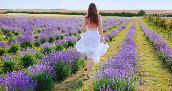 woman walking through field of lavender