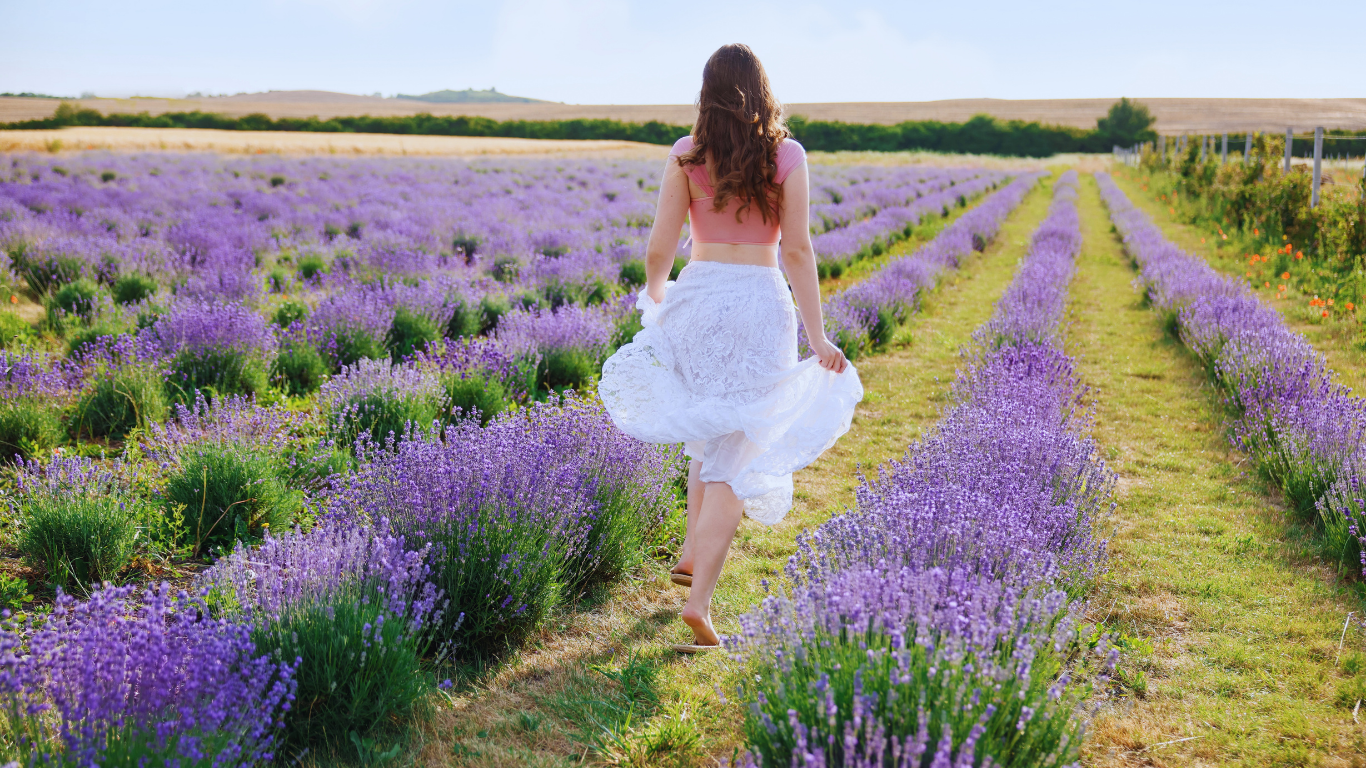 woman walking through field of lavender